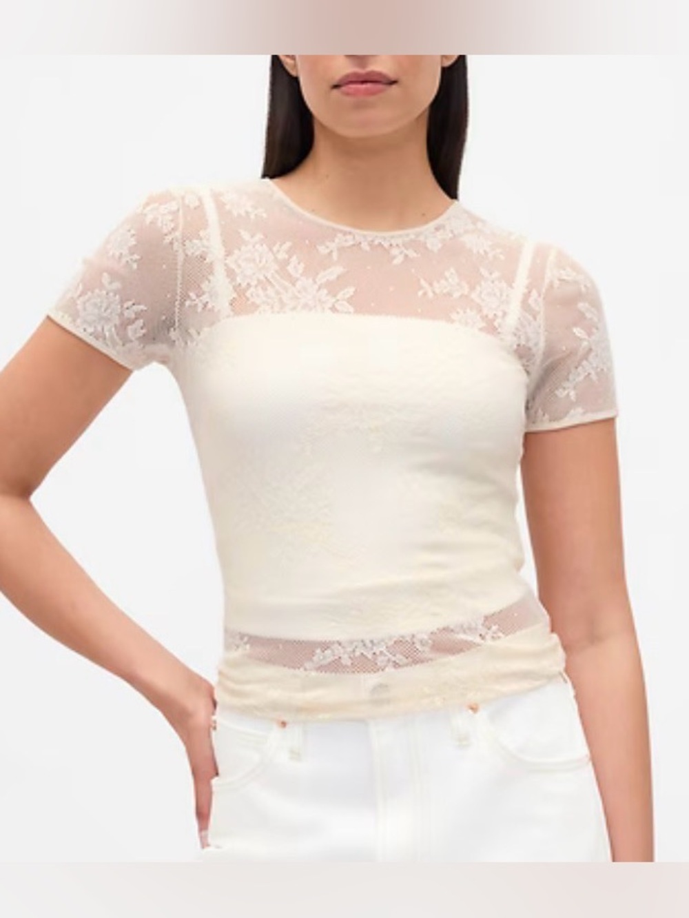 GAP Floral Lace Mesh Top, Chino Beige, sz M